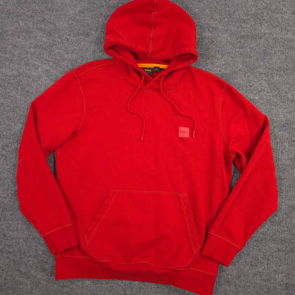 Hugo Boss Hoodie Mens Large Red Weltalk Logo Patch Cotton Terry Pullover Preppy - Picture 2 of 10
